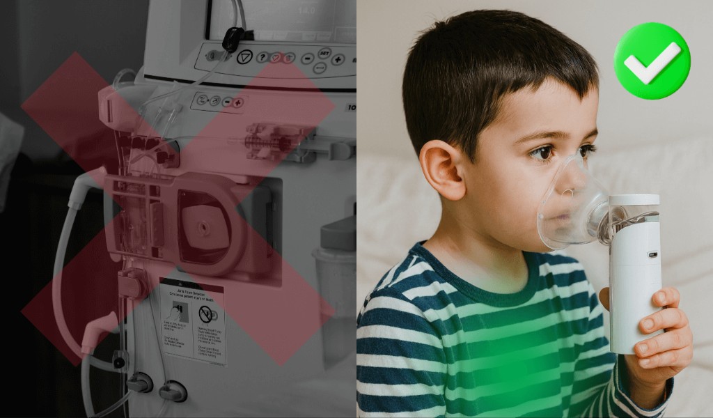 Comparison: bulky traditional machine versus portable Nebu Ease for children